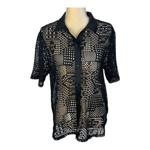 Crochet lace floral embroidery black‎ button down blouse Size Small